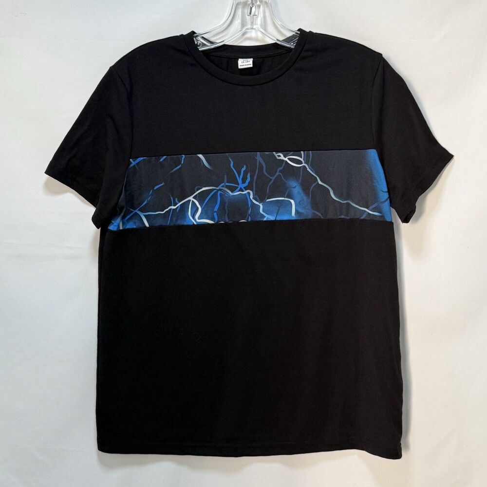 SHEIN Boys' 13-14 Years Lightning Print Patchwork Short Sleeve Athletic T-Shirt